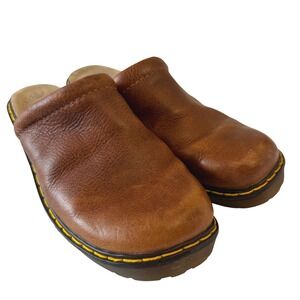 Dr. Martens Brown Leather Wedge Mules Clogs Yellow Stitch AW004 Mens 7 Womens 8